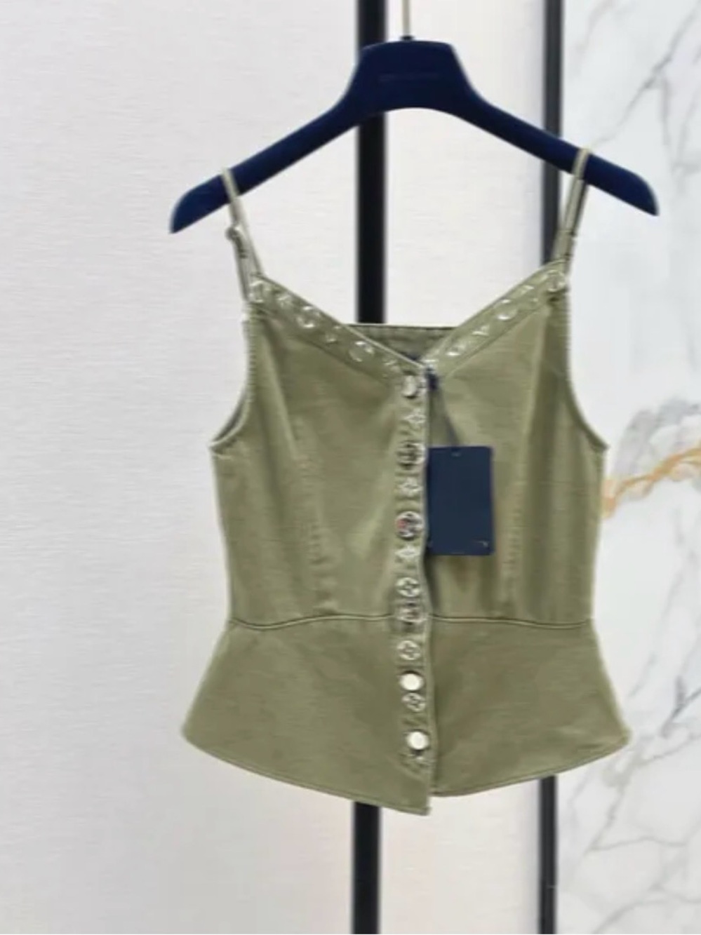Olive Green Button-Front Spaghetti Strap Top